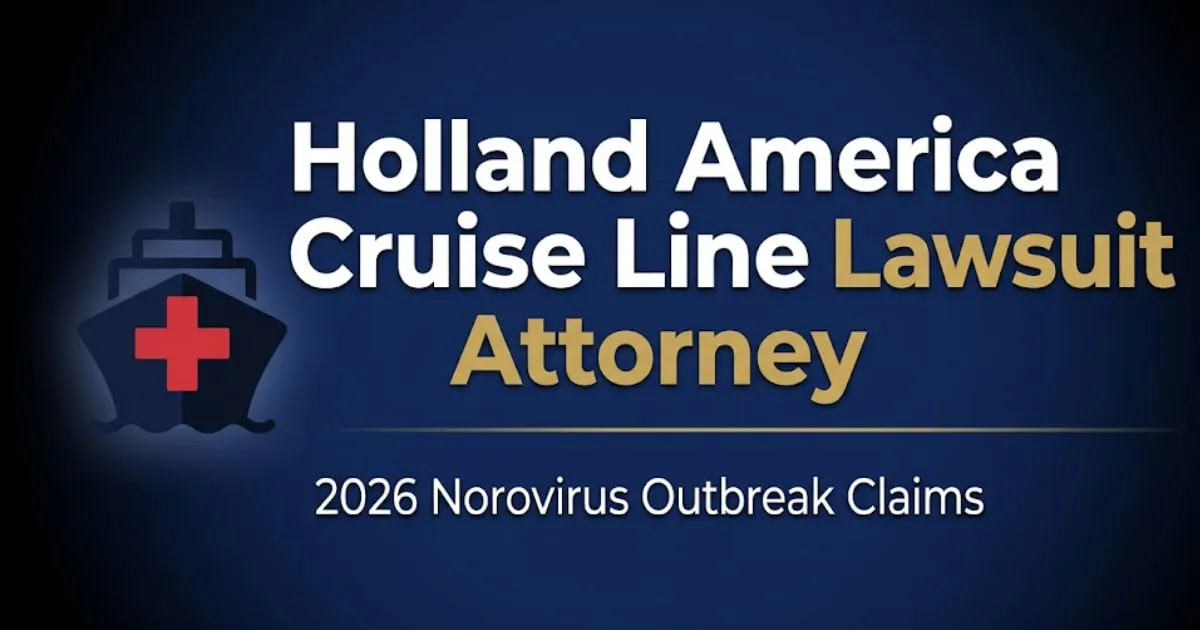 Banner with text Holland America Cruise Line Lawsuit Attorney and cruise ship icon for 2026 norovirus outbreak legal claims.