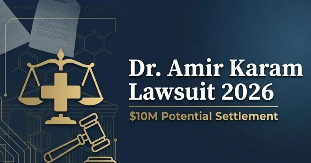 Banner with title Dr. Amir Karam Lawsuit 2026 over legal icons and navy background.