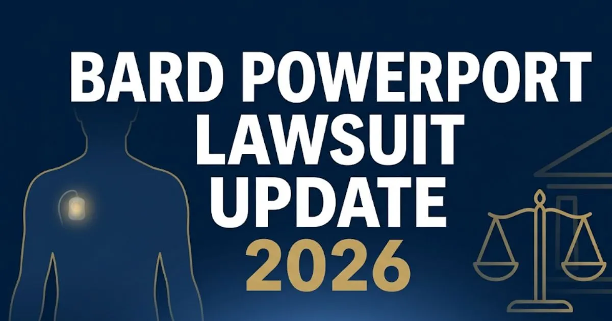 Bard PowerPort lawsuit update 2026 banner with legal scale icon and medical silhouette on navy background