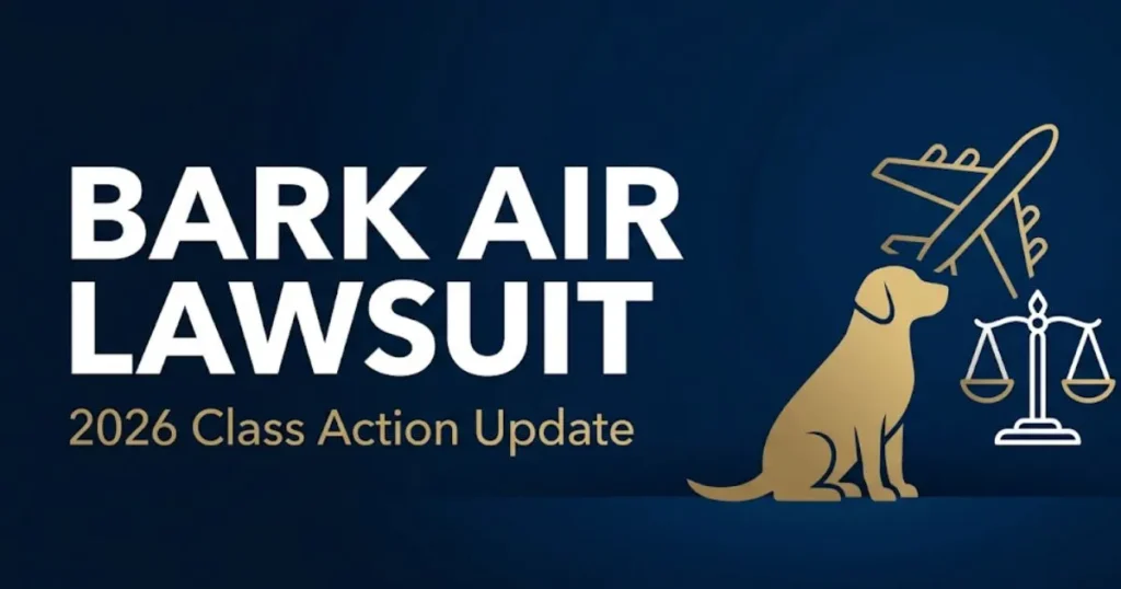 Bark Air lawsuit 2026 legal banner with dog silhouette, airplane icon, and legal scale on navy background