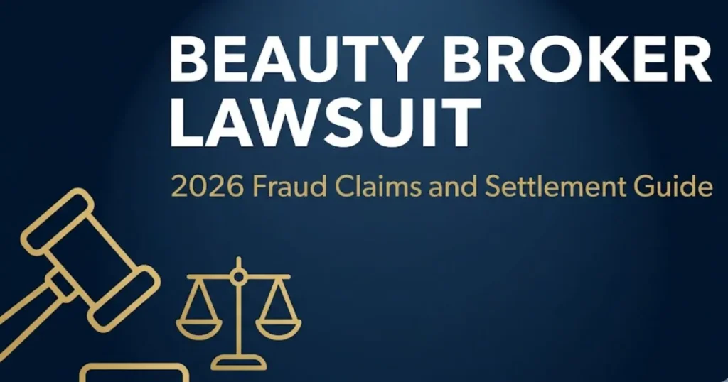 Beauty broker lawsuit 2026 legal banner showing fraud claims and settlement information with gavel icon