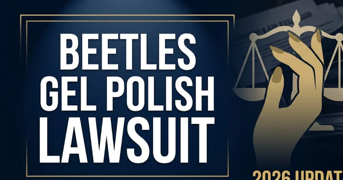 Beetles gel polish lawsuit 2026 hero banner with legal scales and stylized nail silhouette on navy background