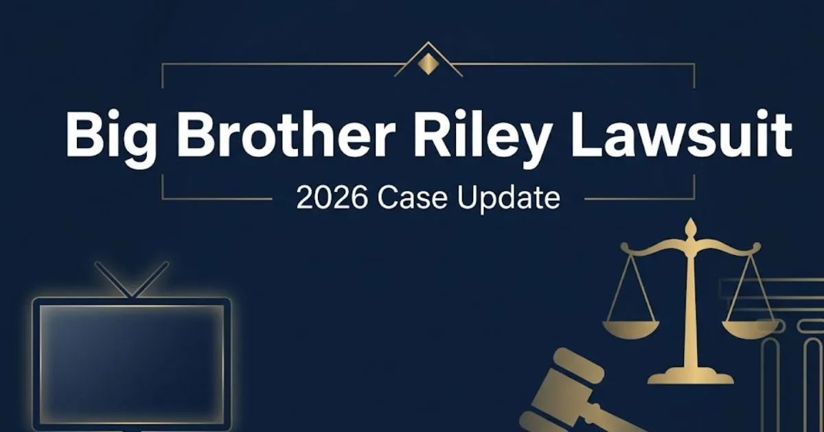 Big Brother Riley lawsuit 2026 case guide banner with legal scales and navy background