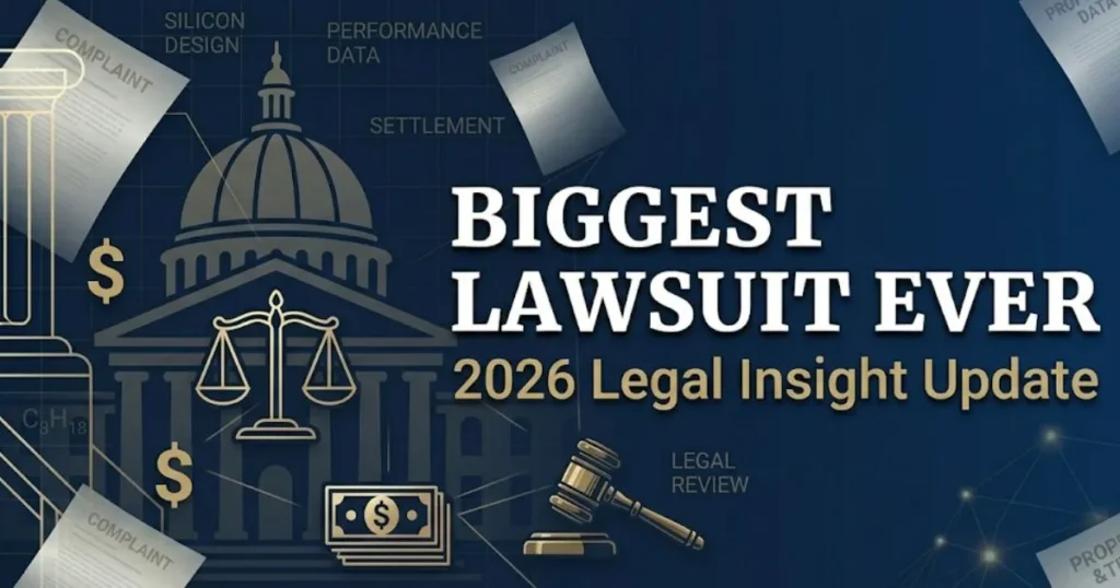 Biggest lawsuit ever banner with courthouse scales of justice and legal symbols in navy and gold