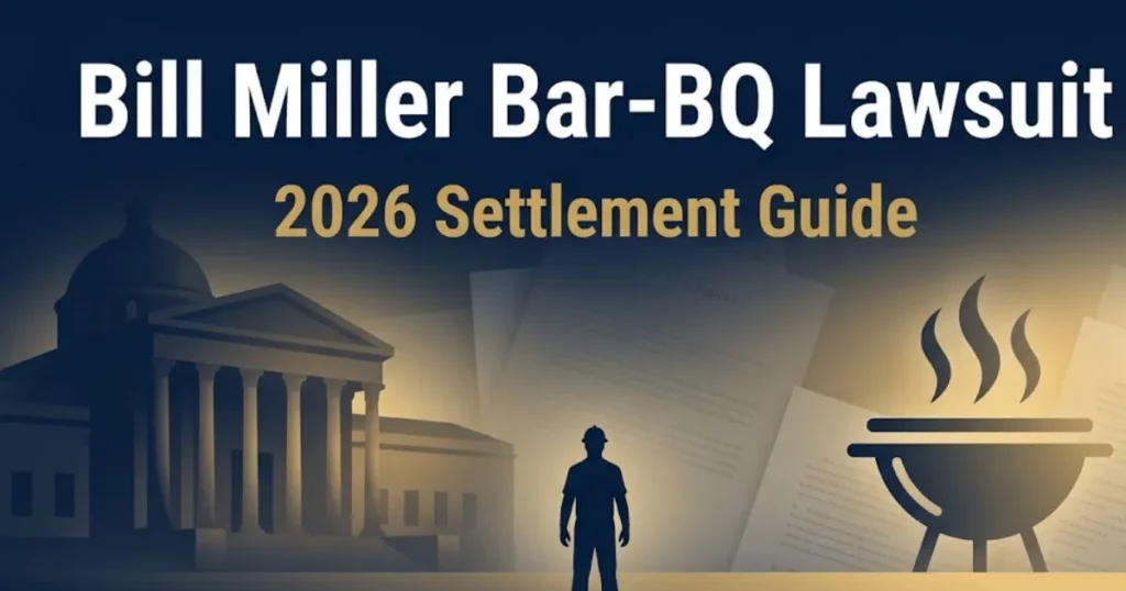 Bill Miller Bar-BQ lawsuit 2026 settlement guide legal banner with courthouse and worker silhouette