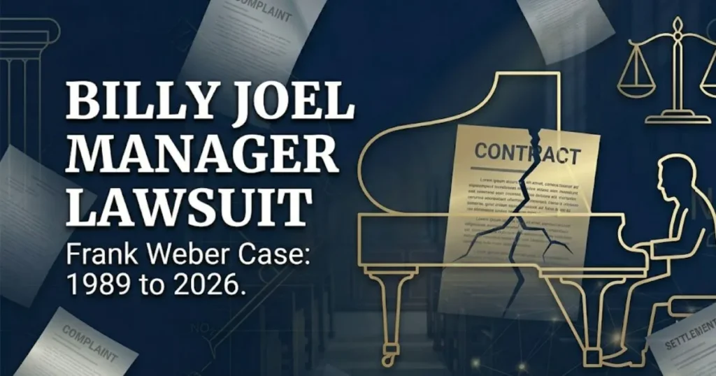 Billy Joel manager lawsuit case breakdown banner showing legal scales and piano silhouette with Frank Weber case details
