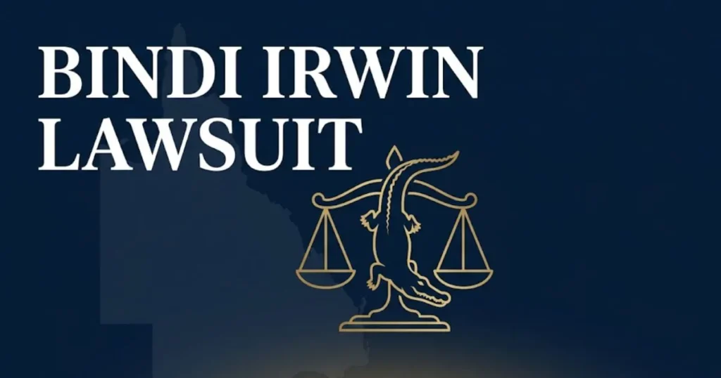 Bindi Irwin lawsuit 2026 legal battle breakdown banner with legal scales and Queensland Australia silhouette