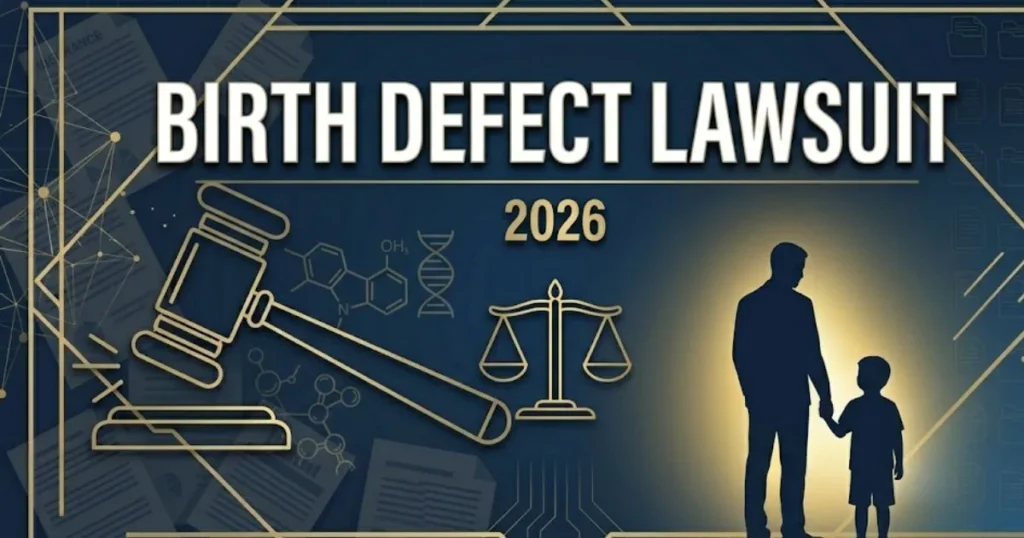 Birth defect lawsuit 2026 guide with legal scales, gavel, and family silhouette banner