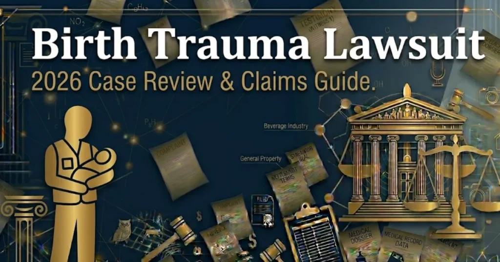 Birth trauma lawsuit 2026 blog banner with legal scales, parent silhouette, navy and gold design