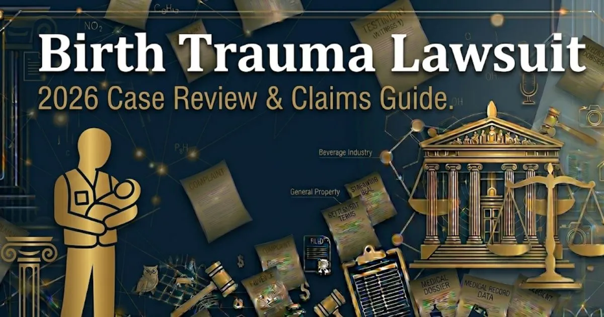 Birth trauma lawsuit 2026 blog banner with legal scales, parent silhouette, navy and gold design