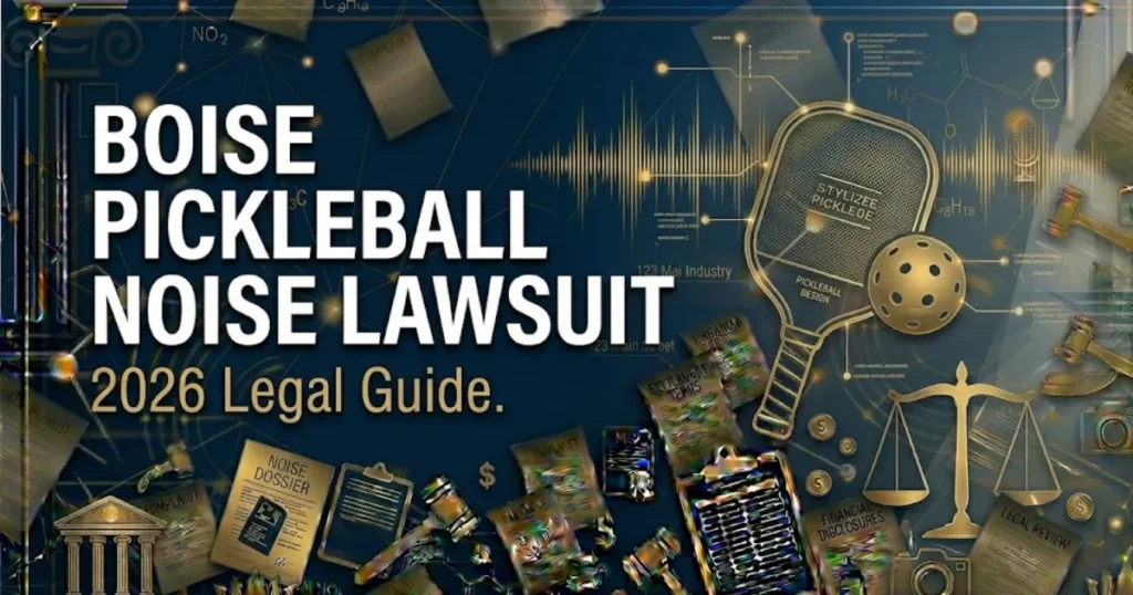Boise pickleball noise lawsuit 2026 legal guide banner with paddle silhouette and sound wave design on navy background