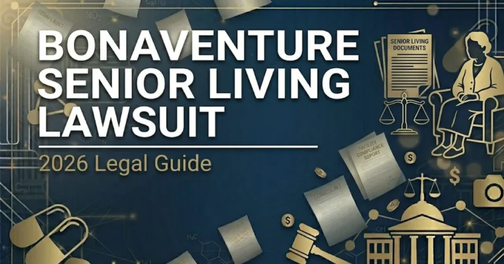 Bonaventure Senior Living Lawsuit 2026 legal guide banner with scale of justice and elderly silhouette on navy background