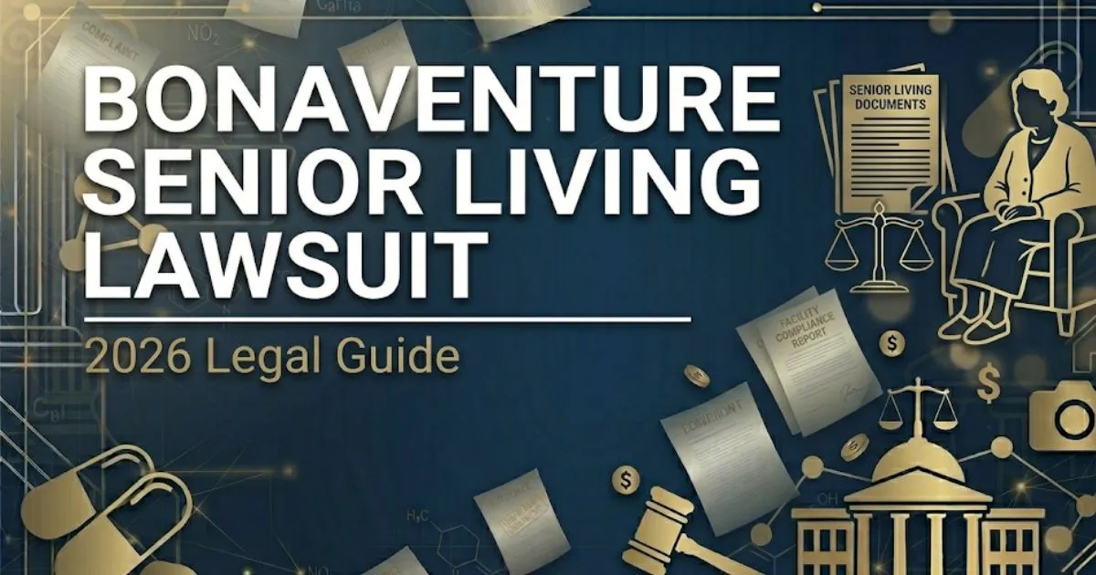 Bonaventure Senior Living Lawsuit 2026 legal guide banner with scale of justice and elderly silhouette on navy background