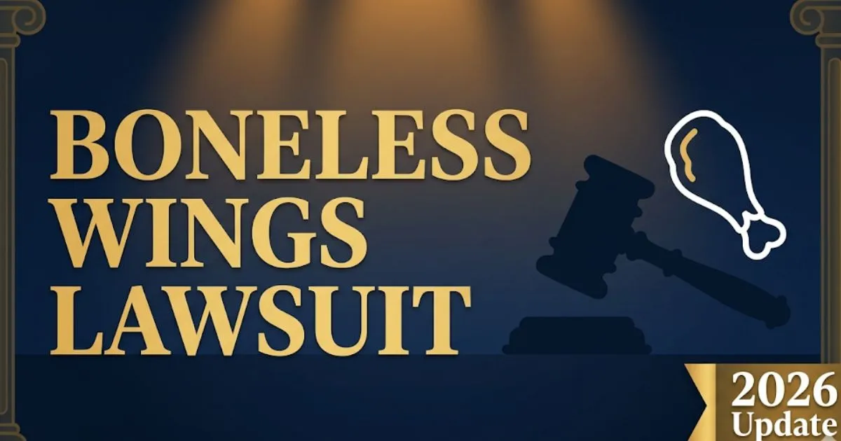 Boneless wings lawsuit 2026 editorial banner with gavel and wing icon on deep navy background