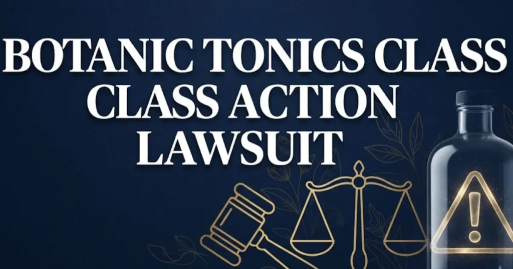 Botanic Tonics class action lawsuit 2026 guide with legal scales and tonic bottle graphic