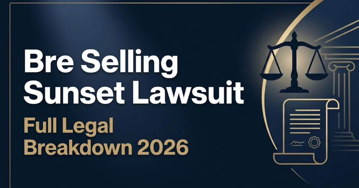 Bre Selling Sunset lawsuit legal breakdown 2026 banner with scales of justice and courthouse silhouette imagery