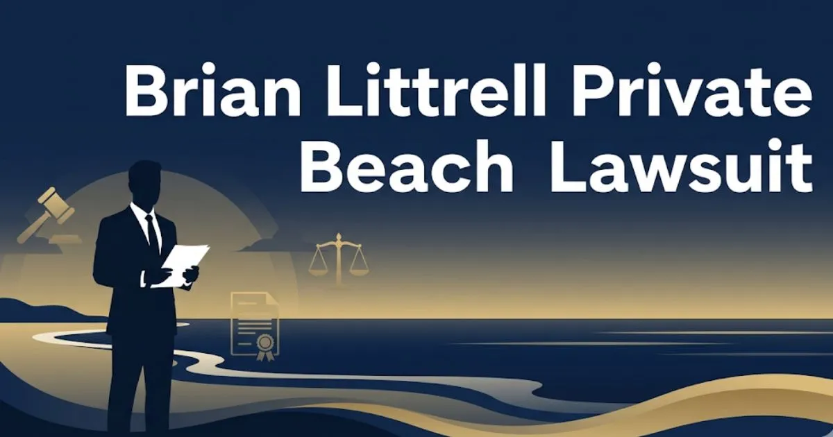 Brian Littrell Private Beach Lawsuit 2026 legal case banner with gavel, shoreline silhouette, and Florida beach access theme