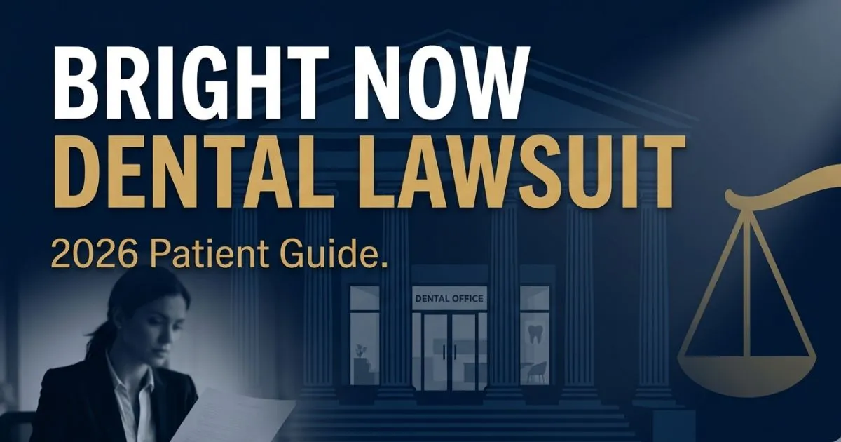 Bright Now Dental lawsuit 2026 guide banner with legal scales and navy background for patient settlement information