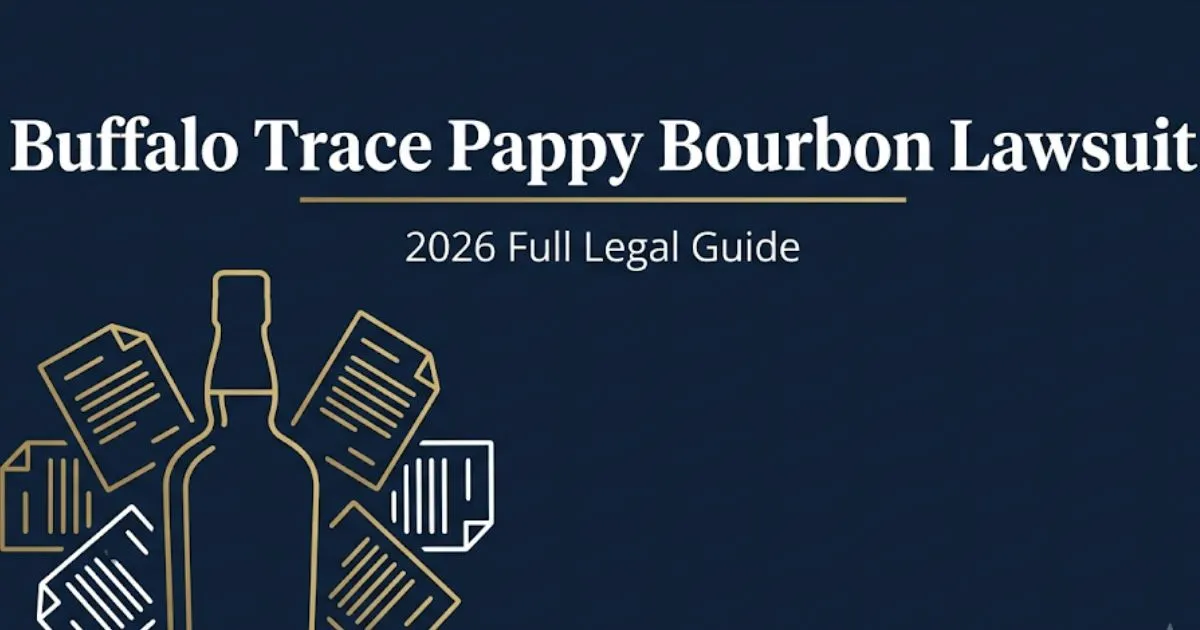 Buffalo Trace Pappy bourbon lawsuit 2026 legal guide banner with bourbon bottle silhouette and legal symbols on navy background.