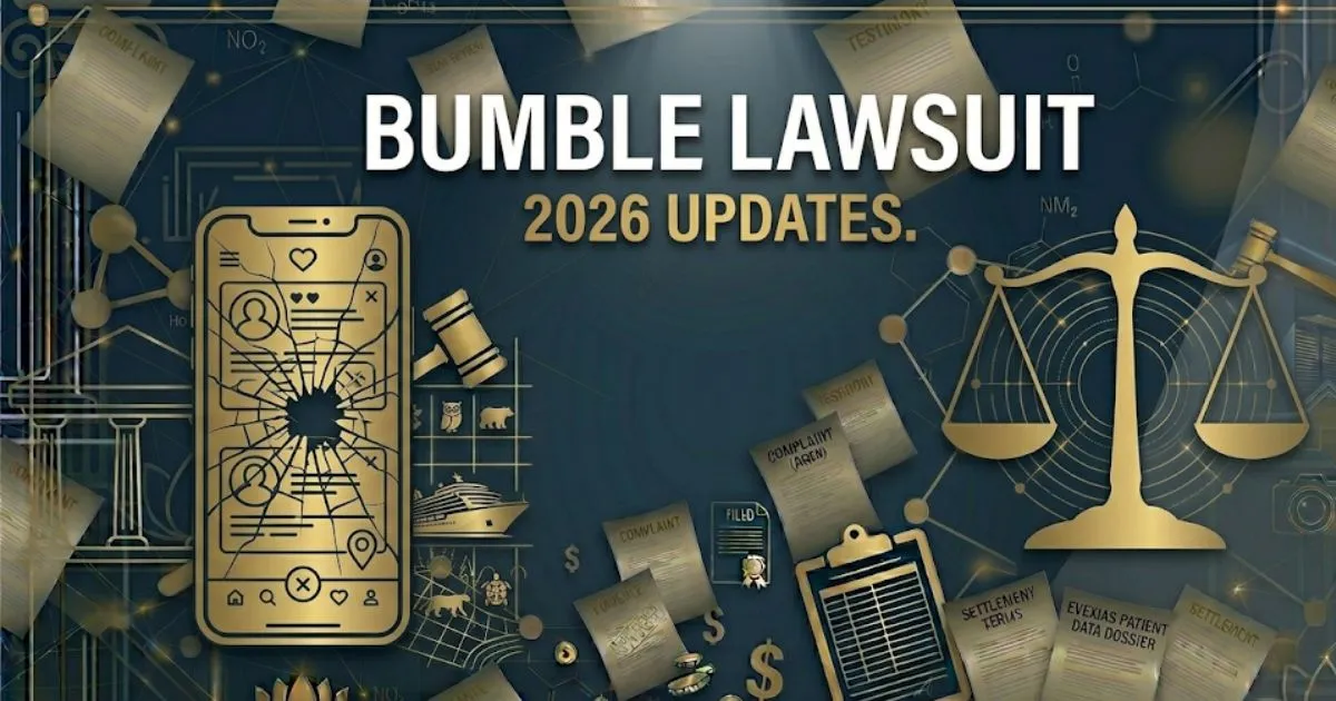 Bumble lawsuit 2026 blog banner with legal scales and smartphone silhouette on navy background