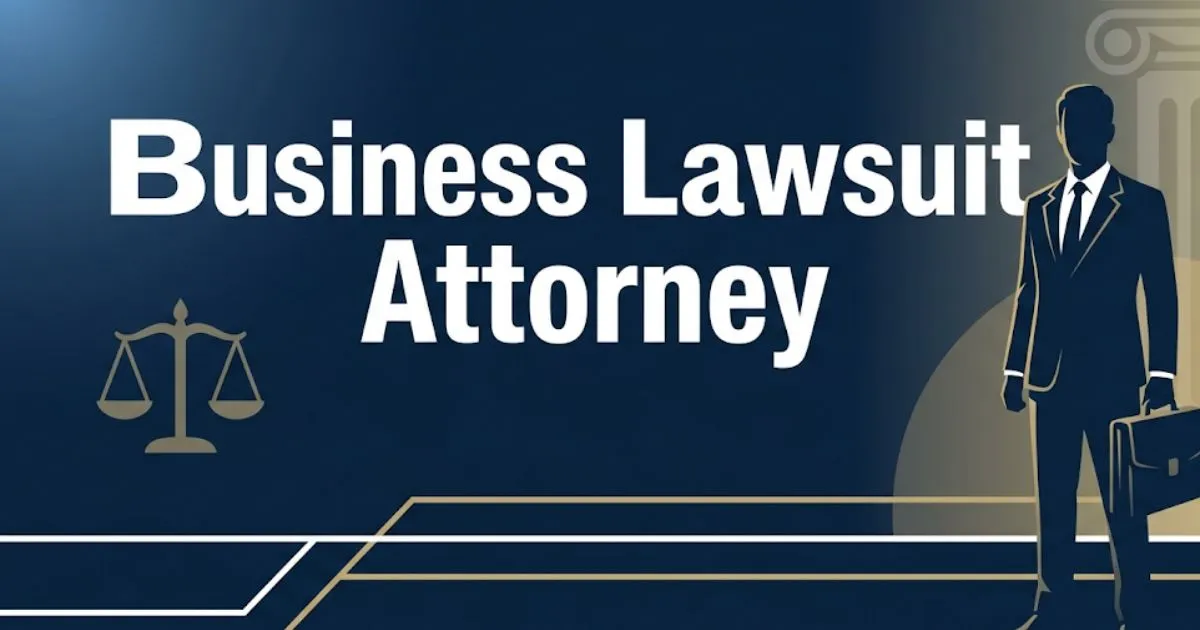 Business lawsuit attorney blog banner with legal scales, courthouse silhouette, and bold headline text on navy background