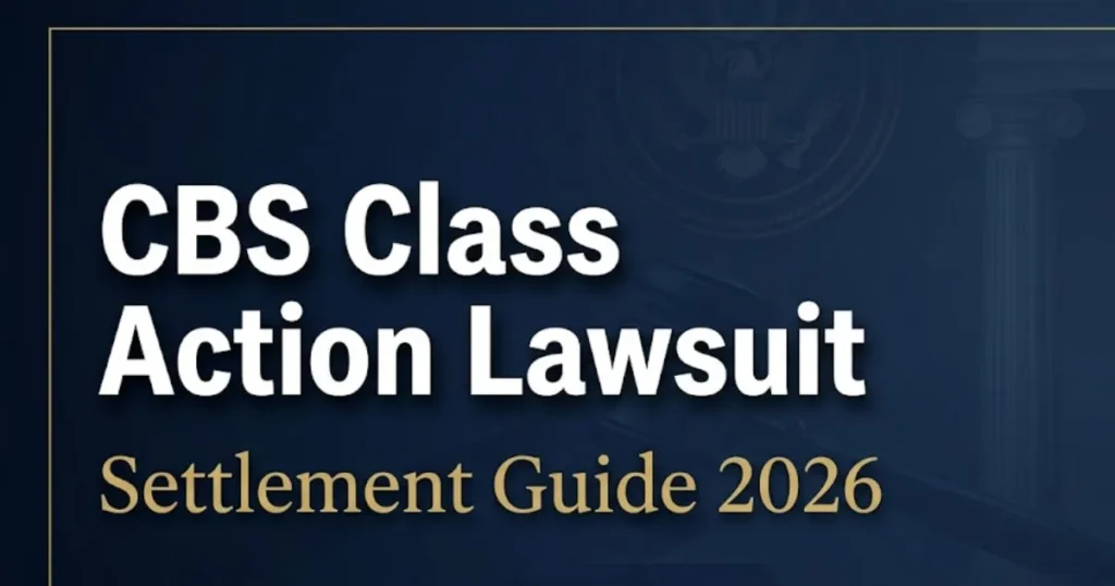 CBS class action lawsuit 2026 settlement guide banner with legal gavel icon on navy background