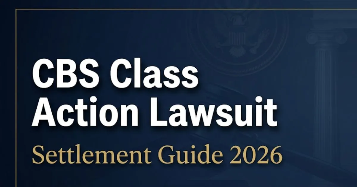 CBS class action lawsuit 2026 settlement guide banner with legal gavel icon on navy background