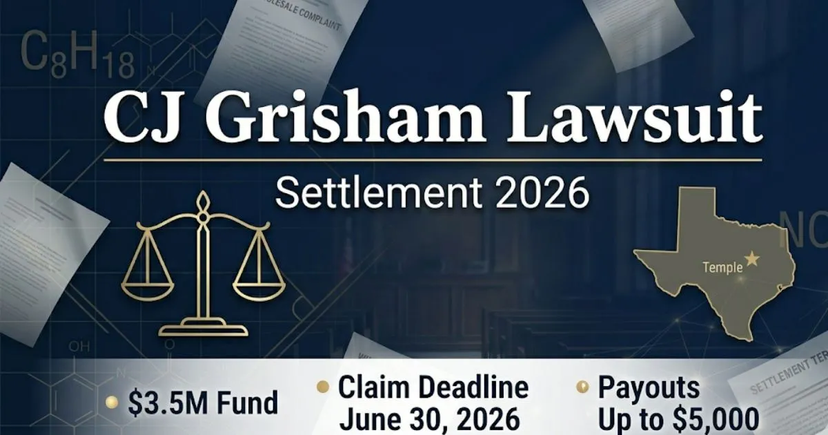 CJ Grisham lawsuit settlement 2026 banner with scales of justice, Texas map, and key payout information.