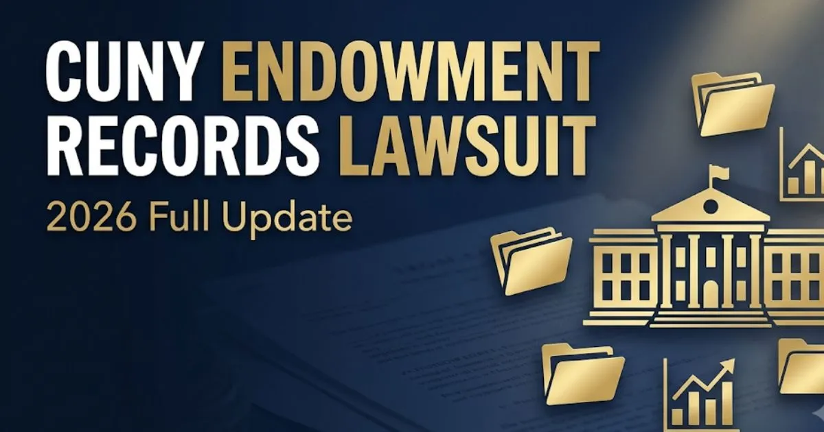 CUNY endowment records lawsuit 2026 legal banner with university silhouette and financial document icons on navy background