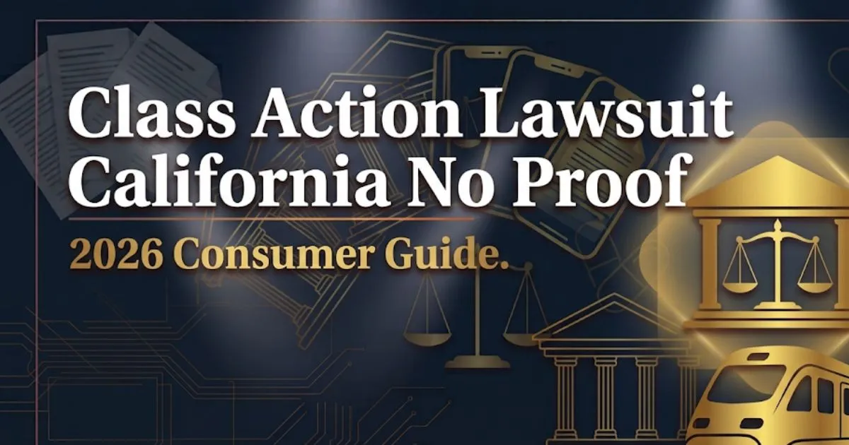 California class action lawsuit no proof 2026 guide banner with courthouse silhouette and legal scale icons