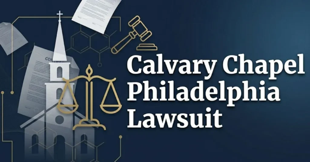 Calvary Chapel Philadelphia lawsuit 2026 editorial banner with church silhouette and legal document design on navy background