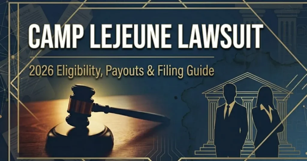 Camp Lejeune lawsuit 2026 eligibility and settlement guide banner with courthouse silhouette and navy background