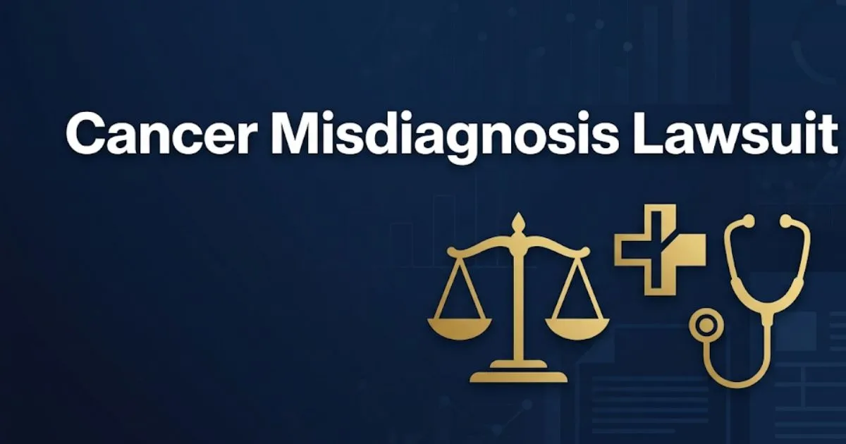 Cancer misdiagnosis lawsuit banner with legal scales and medical symbols in navy and gold design