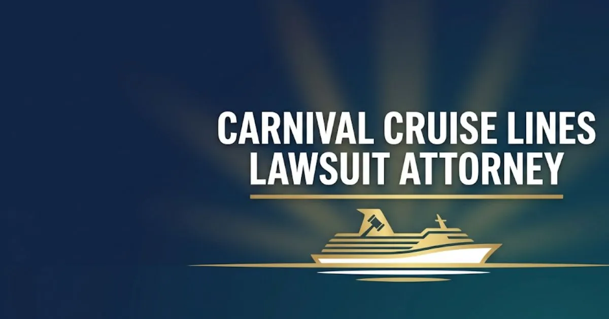 Carnival Cruise Lines Lawsuit Attorney banner with cruise ship silhouette and gavel, deep navy and gold tones, settlement claim concept 2026.