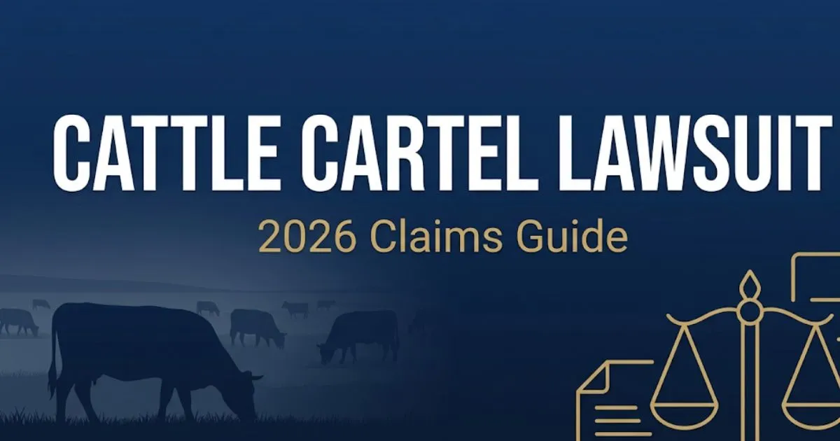 Cattle cartel lawsuit 2026 claims guide banner with silhouette cattle and legal scales on navy background