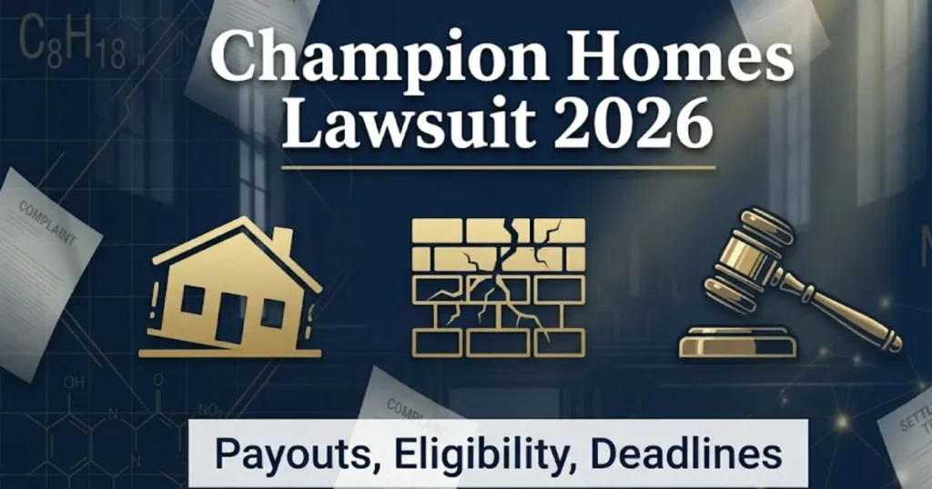 Champion Homes Lawsuit 2026 banner with settlement payout and eligibility information for homeowners with defective manufactured homes.