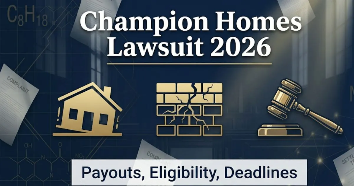Champion Homes Lawsuit 2026 banner with settlement payout and eligibility information for homeowners with defective manufactured homes.