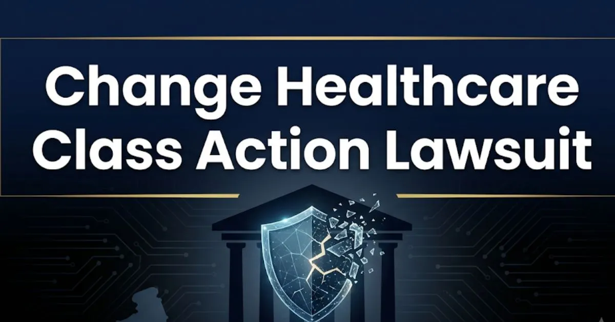 Change Healthcare class action lawsuit 2026 guide banner with courthouse and data breach imagery