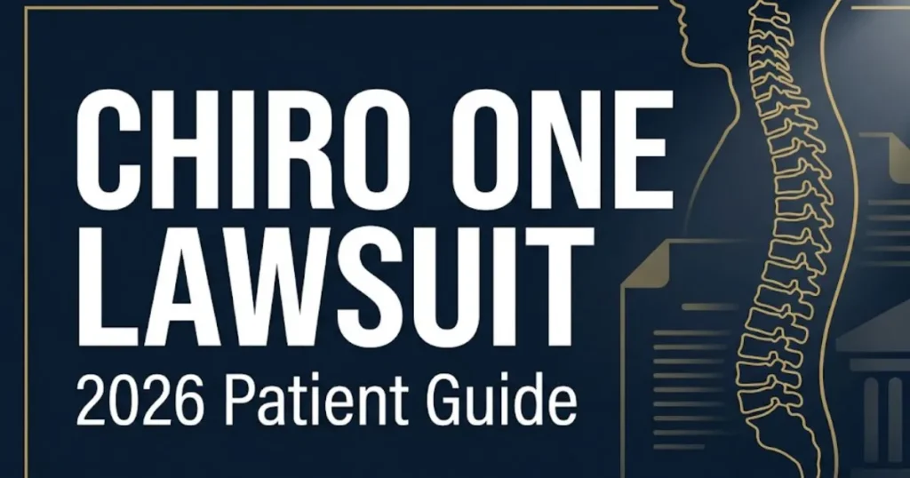 Chiro One lawsuit 2026 patient guide hero banner with legal icons and bold headline text on navy background