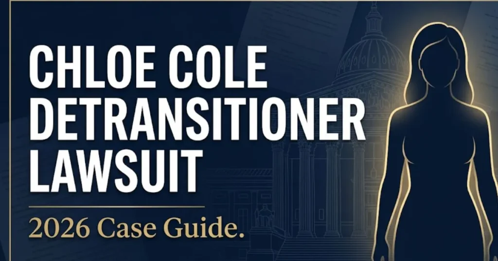 Chloe Cole detransitioner lawsuit 2026 case guide banner with bold headline text and legal editorial design.