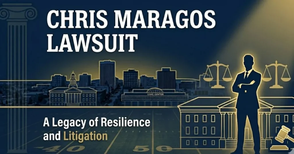 Chris Maragos lawsuit blog banner showing bold headline text with courtroom silhouette and legal scale icons