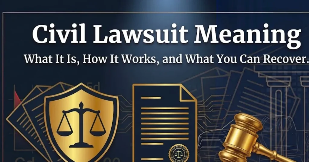Civil lawsuit meaning blog banner with courthouse silhouette, gavel, and balance scale icons on navy background