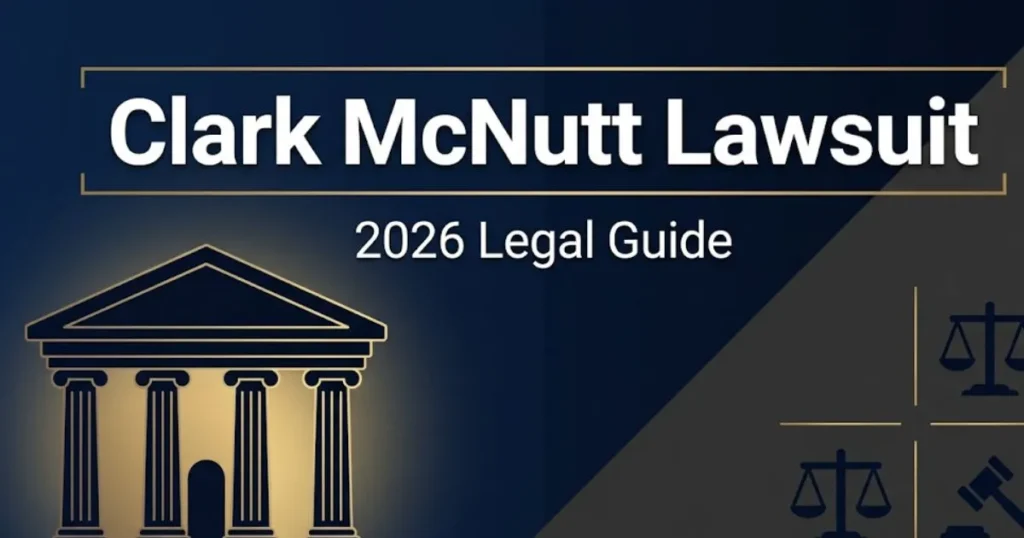 Clark McNutt Lawsuit 2026 legal guide banner with courthouse silhouette and scales of justice on navy background