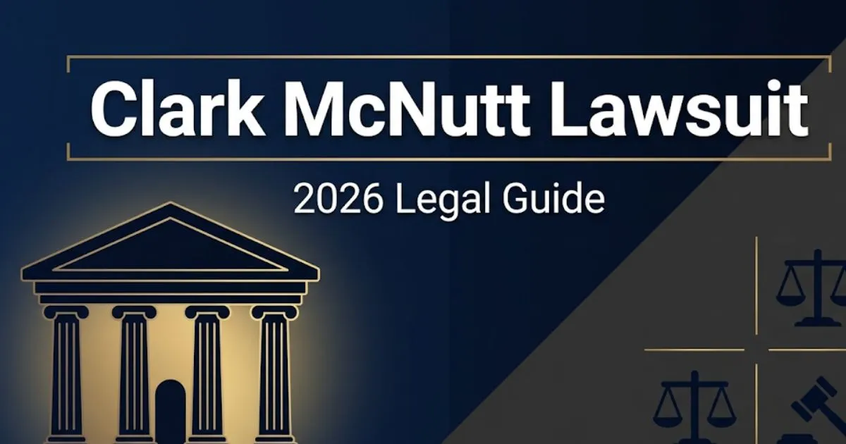 Clark McNutt Lawsuit 2026 legal guide banner with courthouse silhouette and scales of justice on navy background