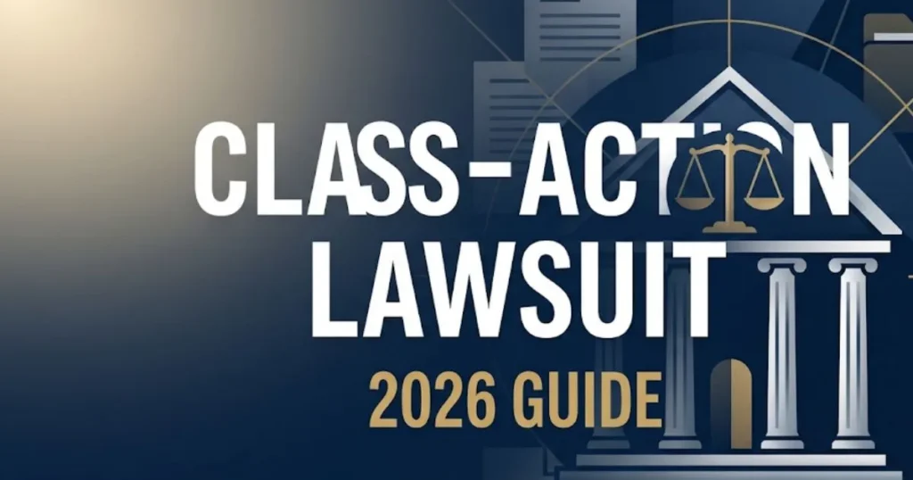 Class-action lawsuit 2026 guide banner with courthouse and scales of justice imagery