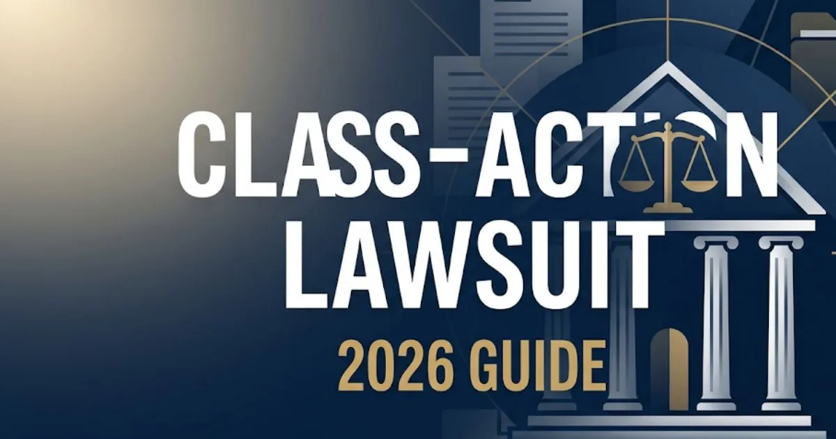 Class-action lawsuit 2026 guide banner with courthouse and scales of justice imagery