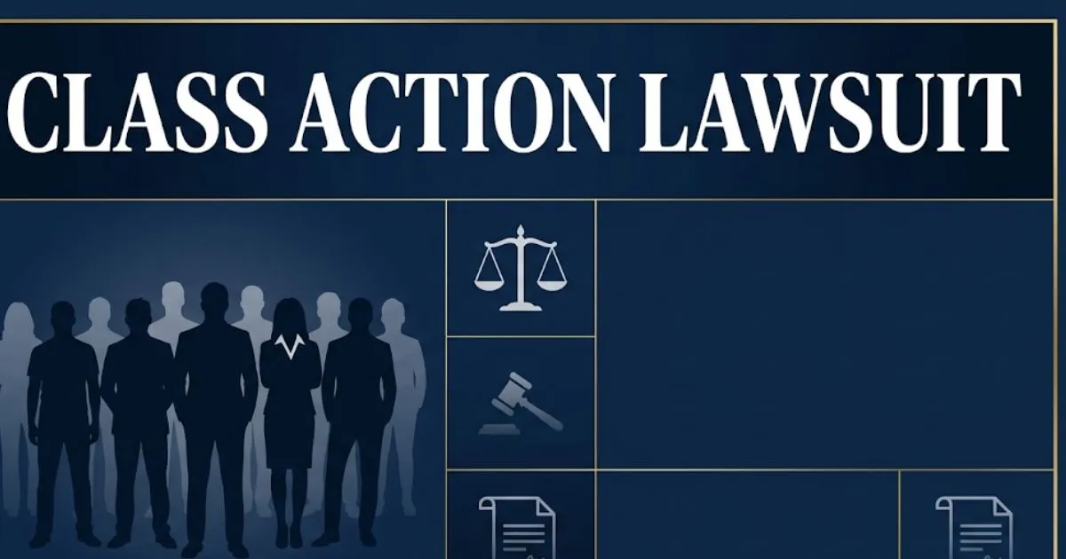 Class action lawsuit 2026 guide banner with legal symbols and plaintiff silhouettes