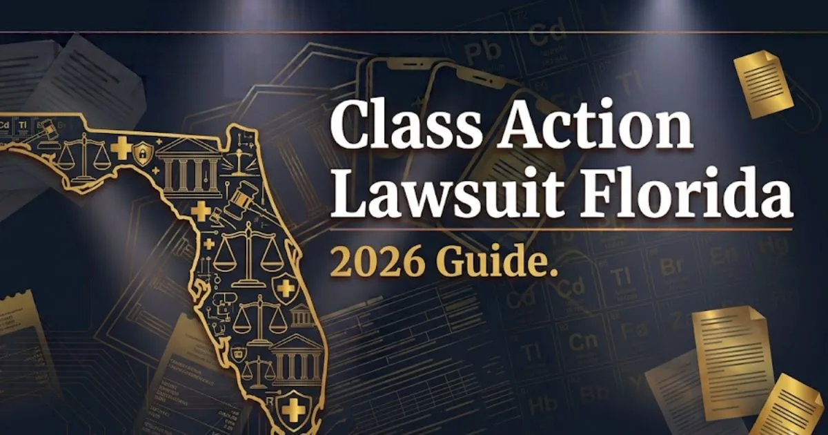 Class action lawsuit Florida 2026 guide with legal symbols and state outline on navy background