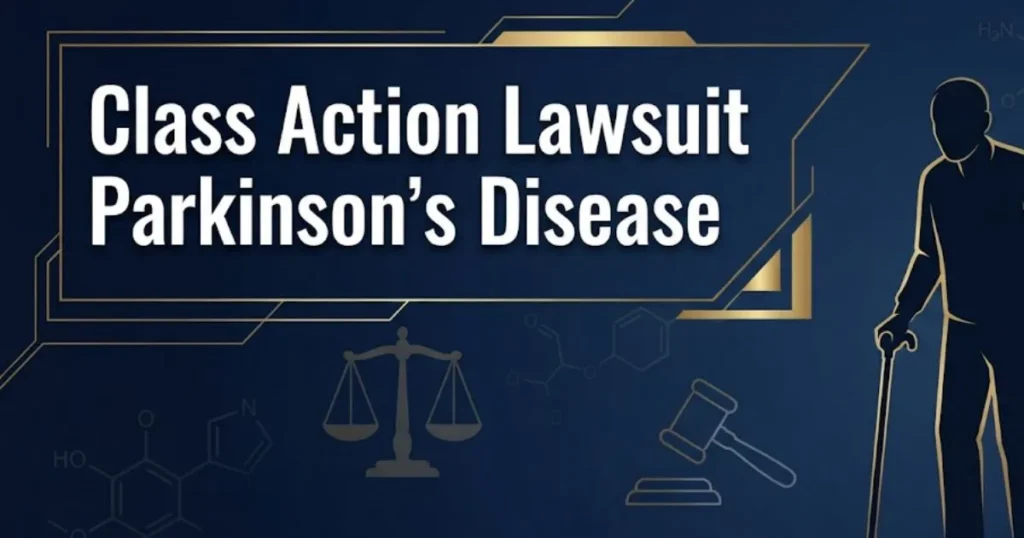Class action lawsuit Parkinson's disease 2026 legal guide banner with scales of justice