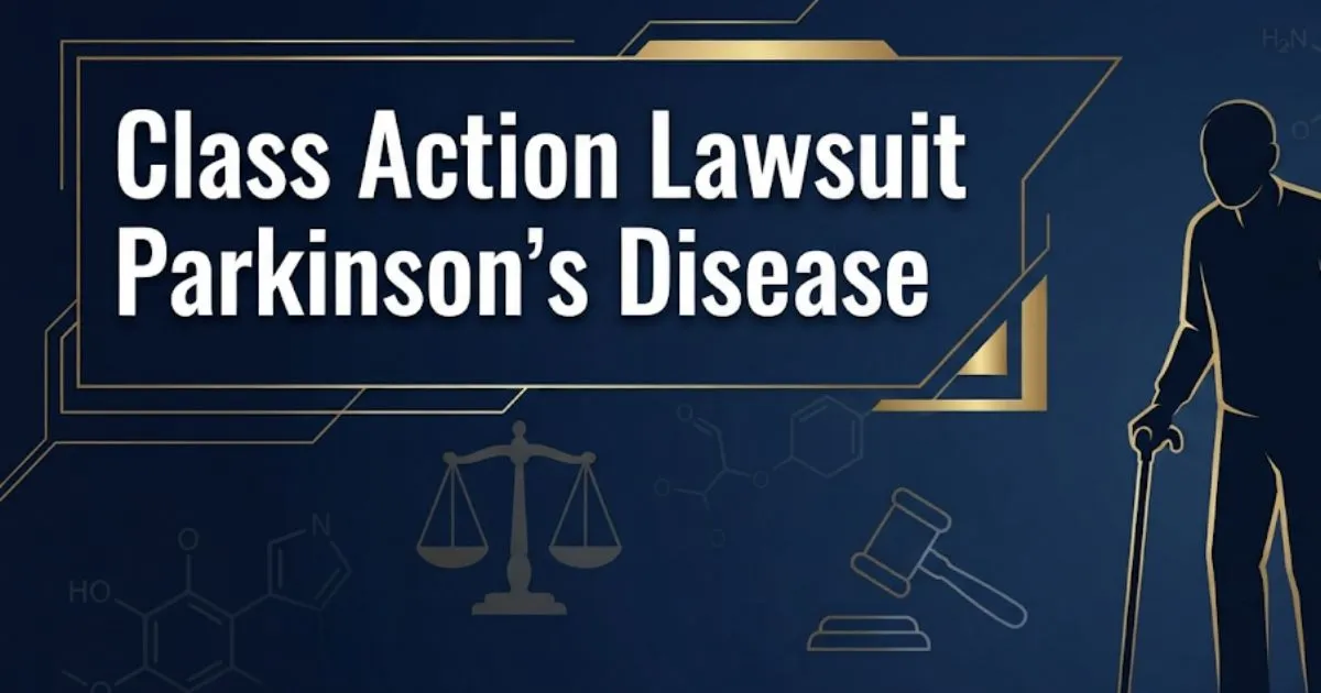 Class action lawsuit Parkinson's disease 2026 legal guide banner with scales of justice